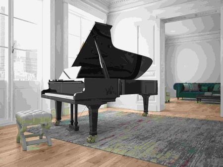 Un piano de cola está sobre una alfombra en una sala de estar.