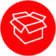 Un icono de una caja de cartón en un círculo rojo.