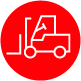 Un icono de carretilla elevadora en un círculo rojo sobre un fondo blanco.