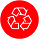 Un símbolo de reciclaje en un círculo rojo sobre un fondo blanco.