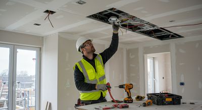 Électricien installant un plafonnier sur un chantier de construction ; portant un casque de sécurité, un gilet jaune.