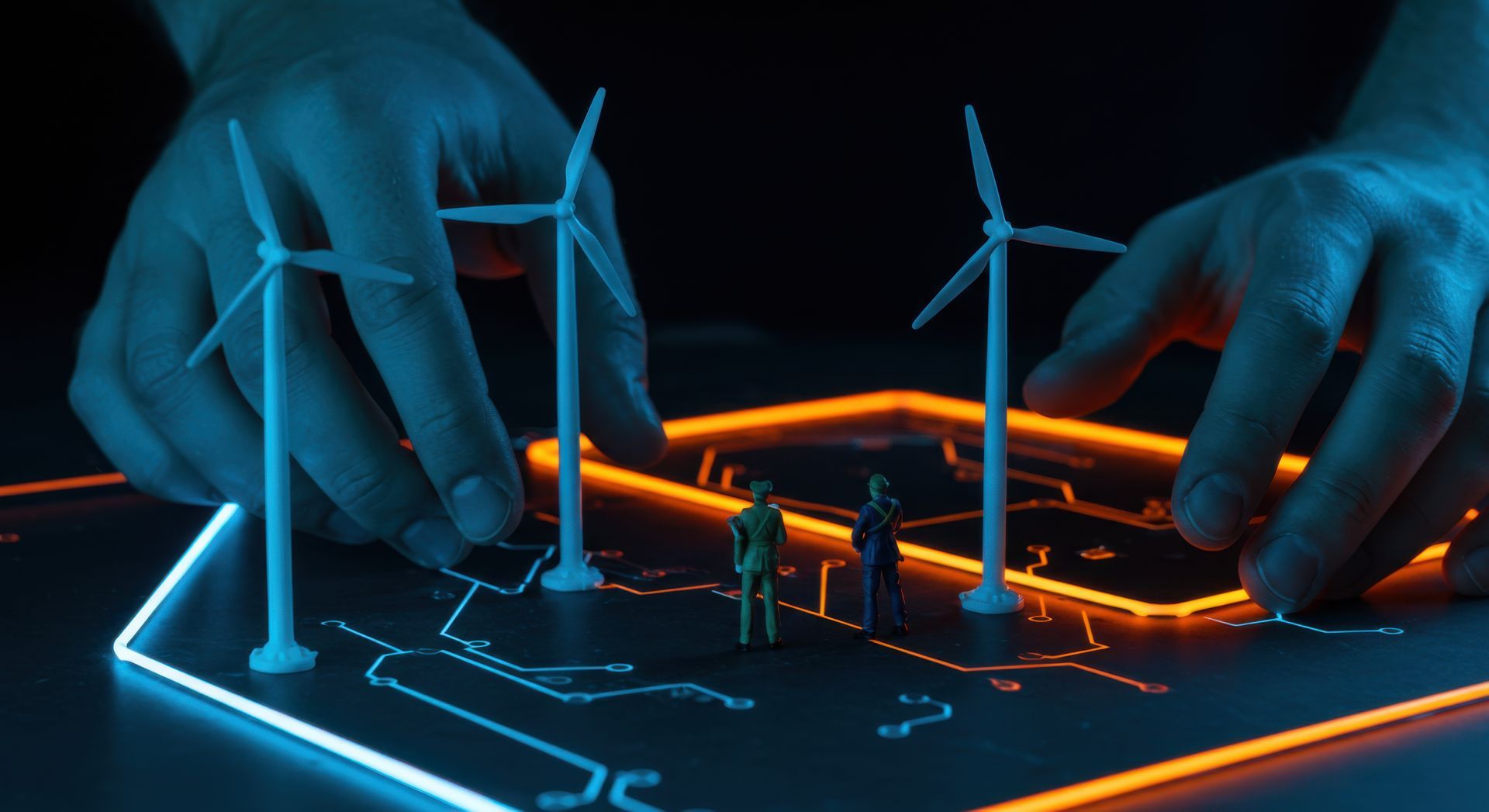 Mains avec des éoliennes miniatures et des personnages sur un circuit imprimé éclairé.
