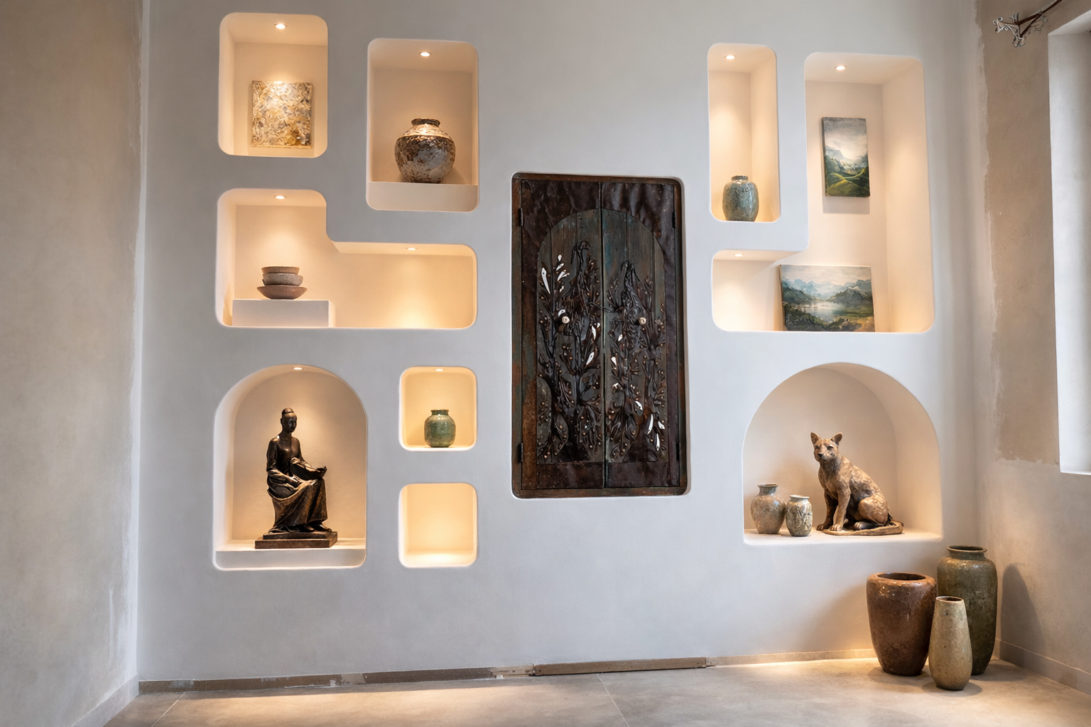 Mur blanc orné de niches encastrées exposant des objets d'art, illuminées. Au centre se trouve un panneau sculpté.