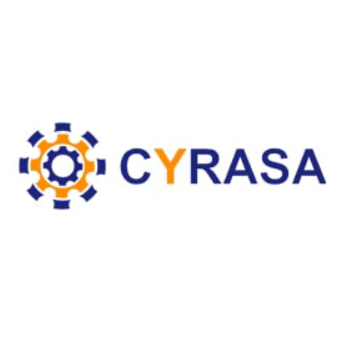 Un logotipo para Cyrasa con un engranaje en el medio.