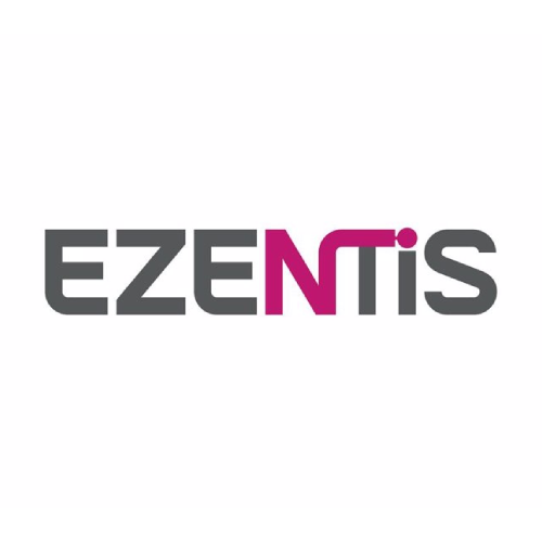 El logotipo de ezentis es un logotipo gris y rosa sobre un fondo blanco.