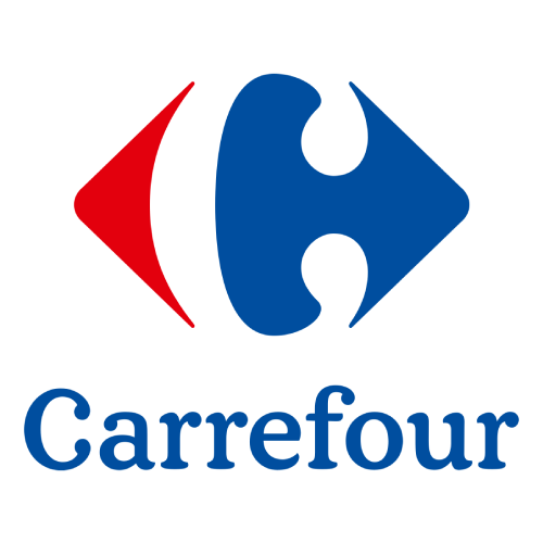 Un logotipo de Carrefour azul y rojo sobre un fondo blanco.