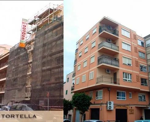 Una foto de antes y después de un edificio llamado Tortella.