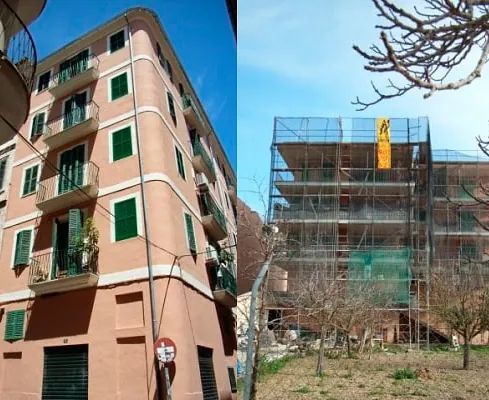 Un edificio con andamios a un lado.