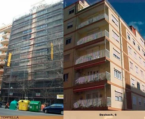 Una foto de antes y después de un edificio llamado Tortella.