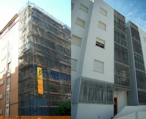 Una imagen de un edificio con andamios y una imagen de un edificio sin andamios.
