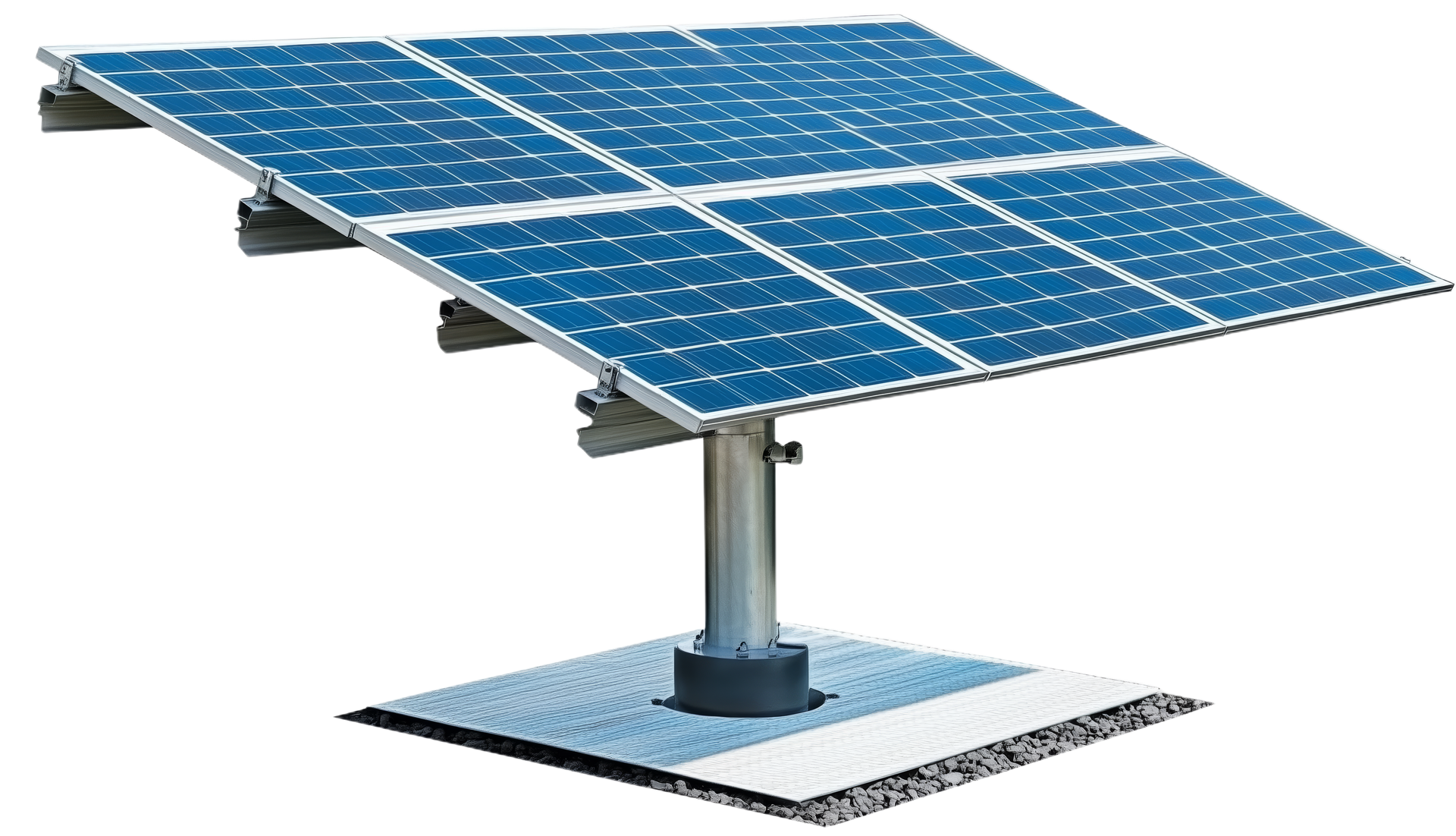 Panneau solaire sur un support métallique, incliné vers l'observateur. Les panneaux bleus absorbent la lumière du soleil.