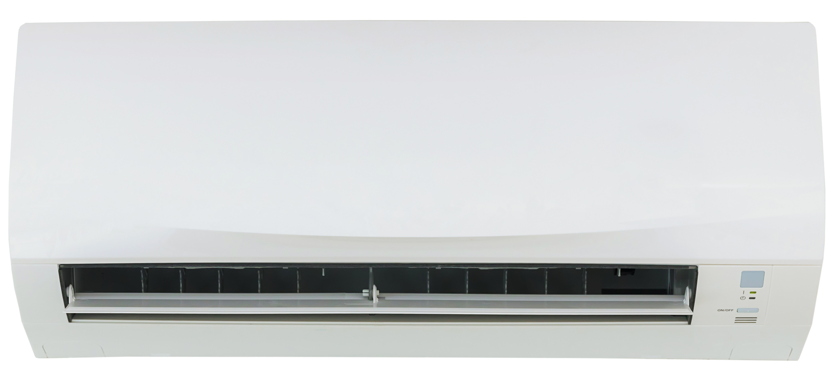 Une unité de climatisation murale blanche avec grilles d'aération noires et voyants lumineux.