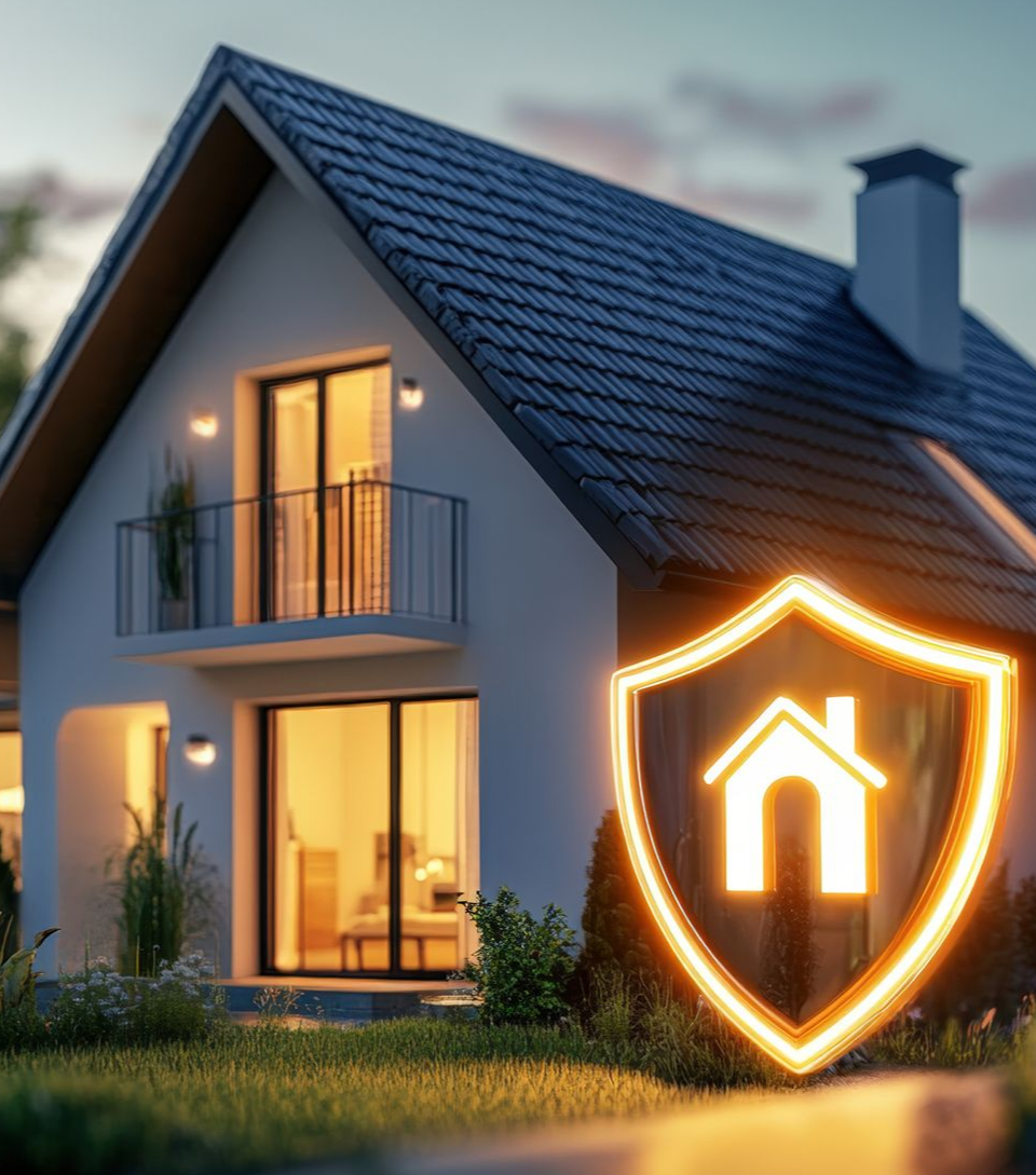 Maison au crépuscule avec icône de bouclier de sécurité lumineuse.