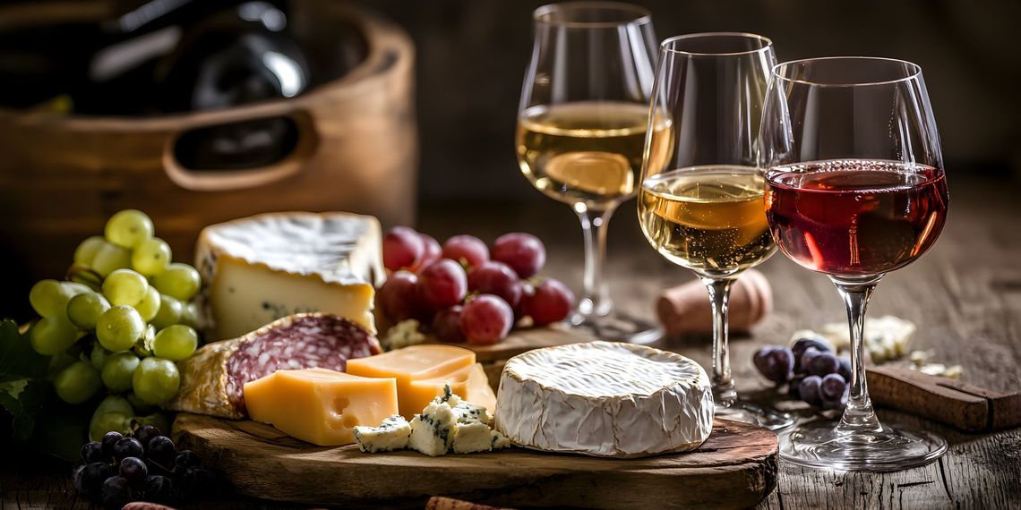 Fromages, raisins et verres à vin sur une table rustique, avec un vélo en arrière-plan.