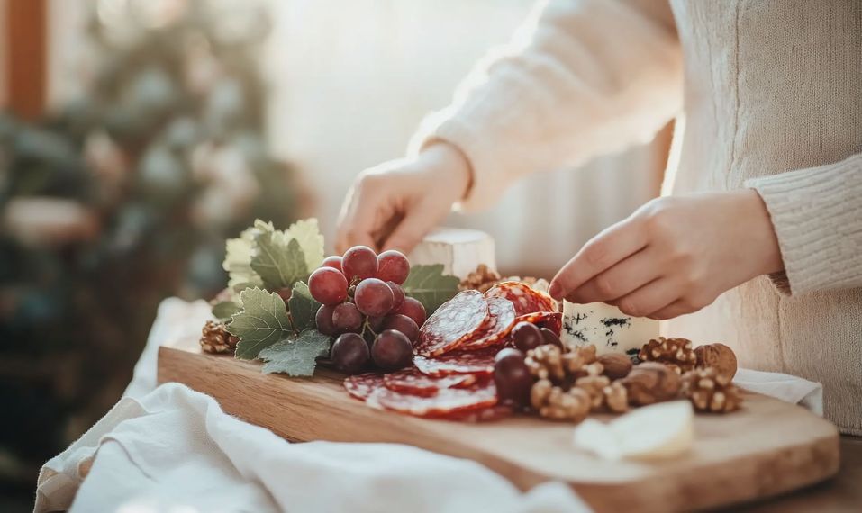 Des mains disposent un plateau de charcuterie festif avec des baies et des noix sur un plateau en bois.
