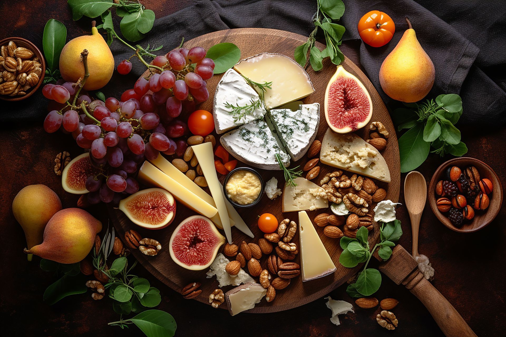 Assortiment de fromages, fruits, noix et pains disposés sur une planche en bois rustique