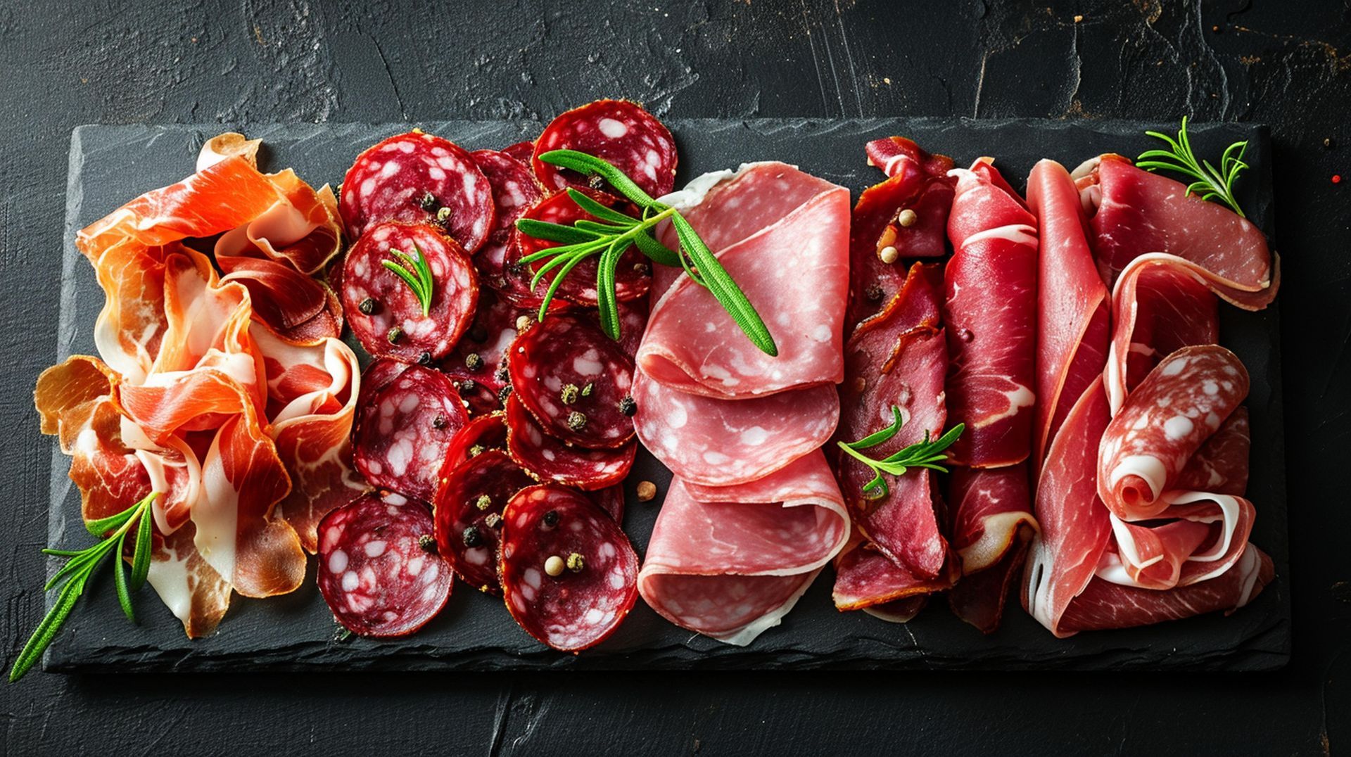 Assortiment de charcuteries et de salamis disposés sur une planche de service en ardoise noire avec des herbes aromatiques.