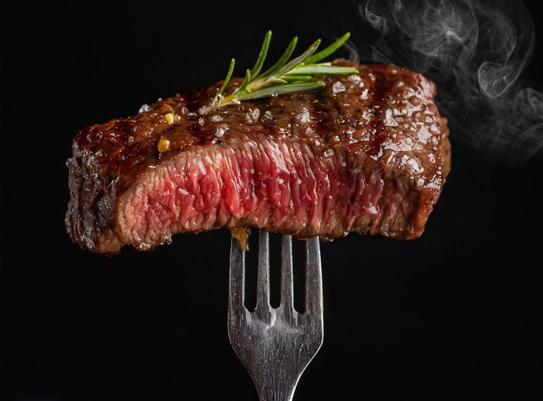 Steak juteux à point, piqué sur une fourchette et garni de romarin sur fond sombre.