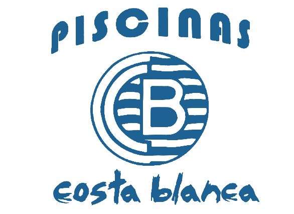 Logotipo de "Piscinas Costa Blanca", texto en azul claro y emblema circular.