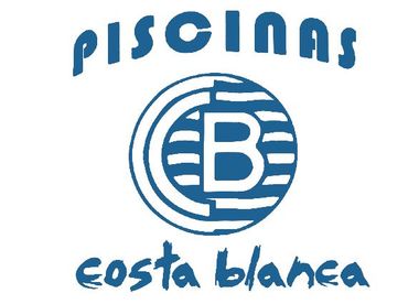 Logotipo de "Piscinas Costa Blanca", texto en azul claro y emblema circular.