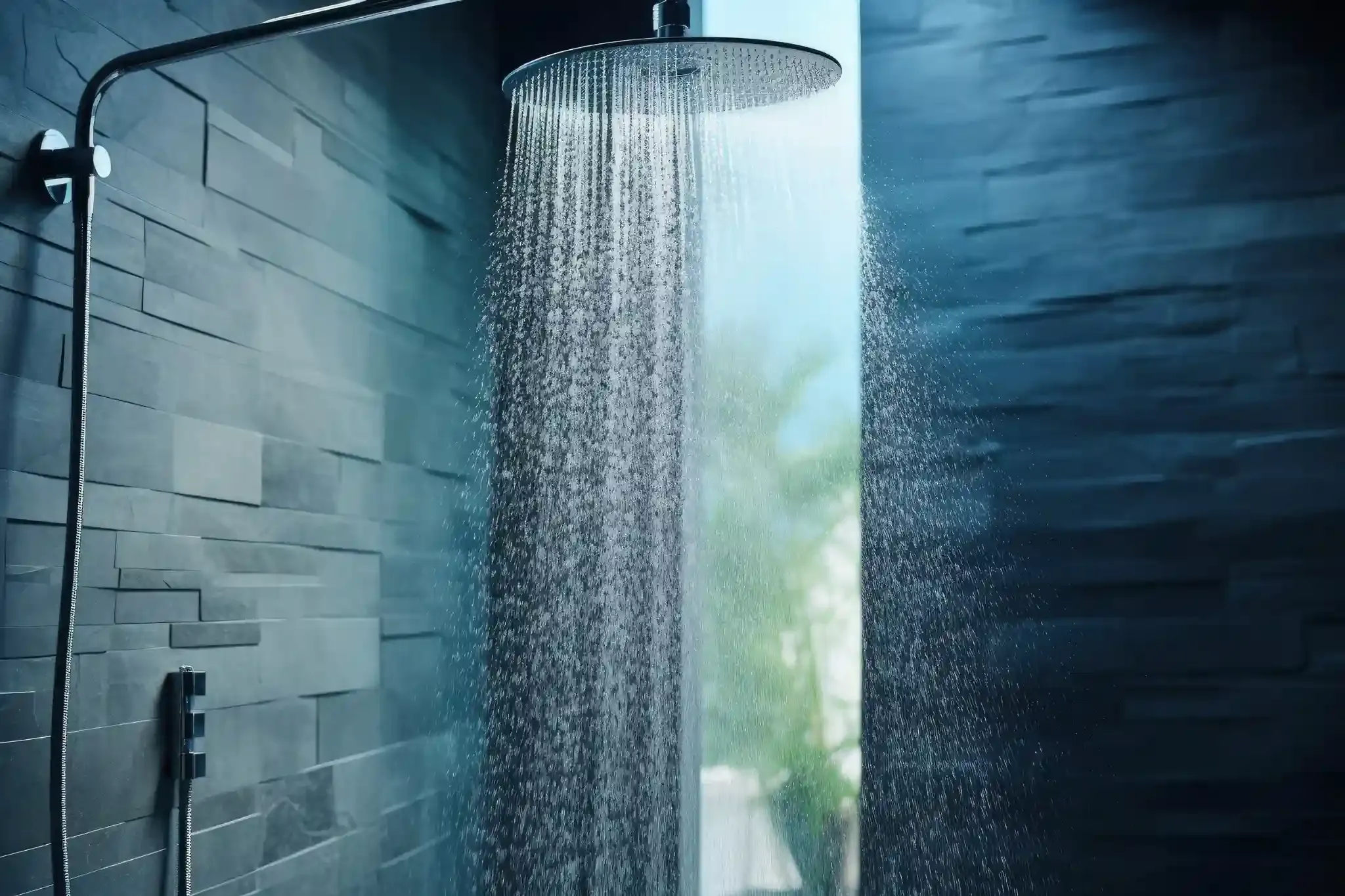 Cabezal de ducha con cascada de agua; pared revestida de piedra, luz solar visible a través de una ventana.
