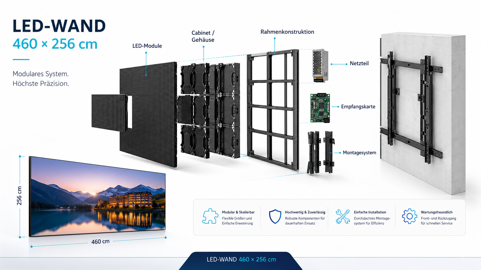 Produktdatenblatt für LED-Wanddisplays mit modularen schwarzen Paneelen und einem montierten Bildschirm, 460 x 256 cm