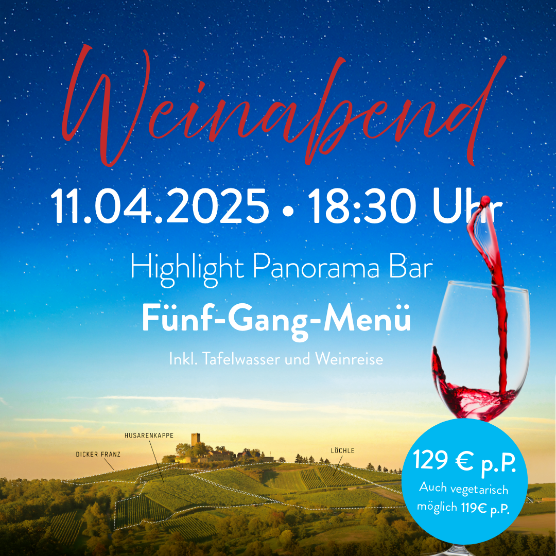 Eine Anzeige für eine Highlight-Panoramabar mit einem Glas Wein