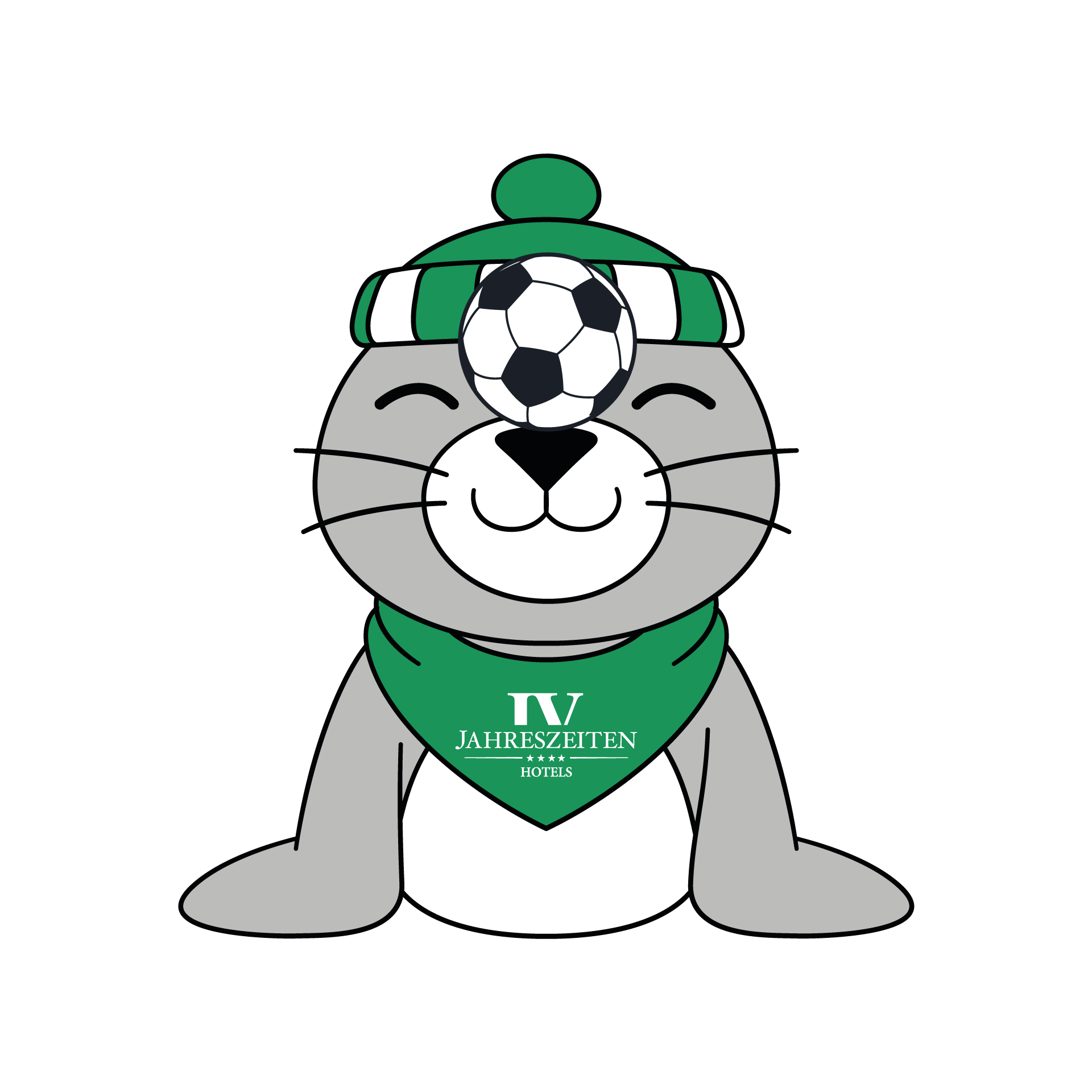 Eine graue Robbe im Cartoon-Stil mit grüner Mütze und grünem Trikot balanciert einen Fußball auf ihrer Nase.