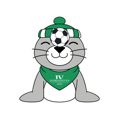 Eine graue Robbe im Cartoon-Stil mit grüner Mütze und grünem Trikot balanciert einen Fußball auf ihrer Nase.