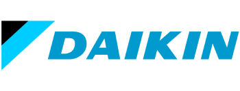 Logotipo de Daikin en azul con una marca triangular en negro y cian.