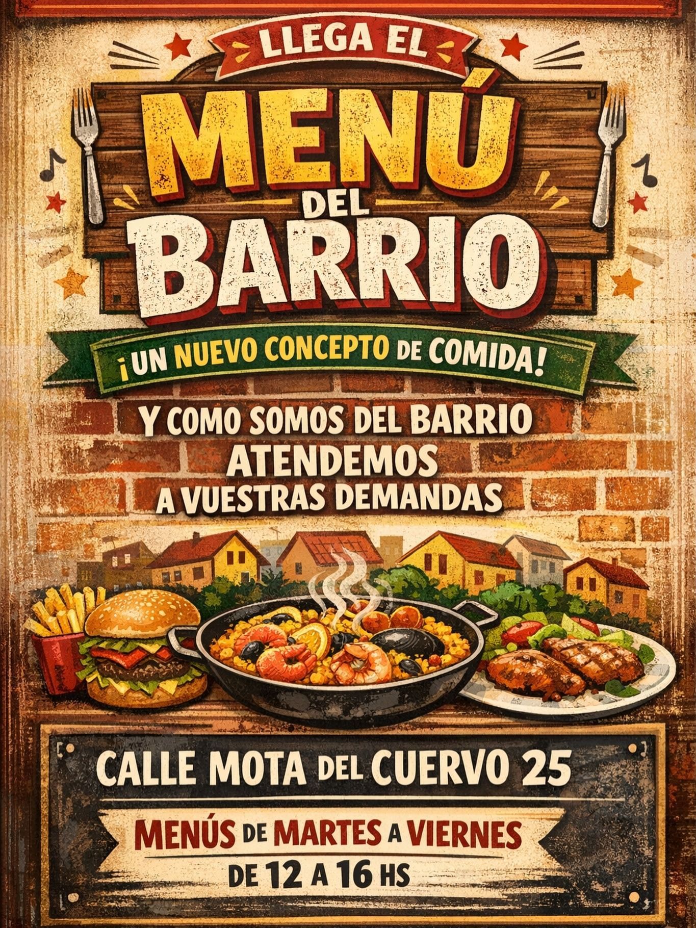 Menú de barrio con comida casera, fondo rústico y texto sobre Calle Mota del Cuervo 25 y horarios.
