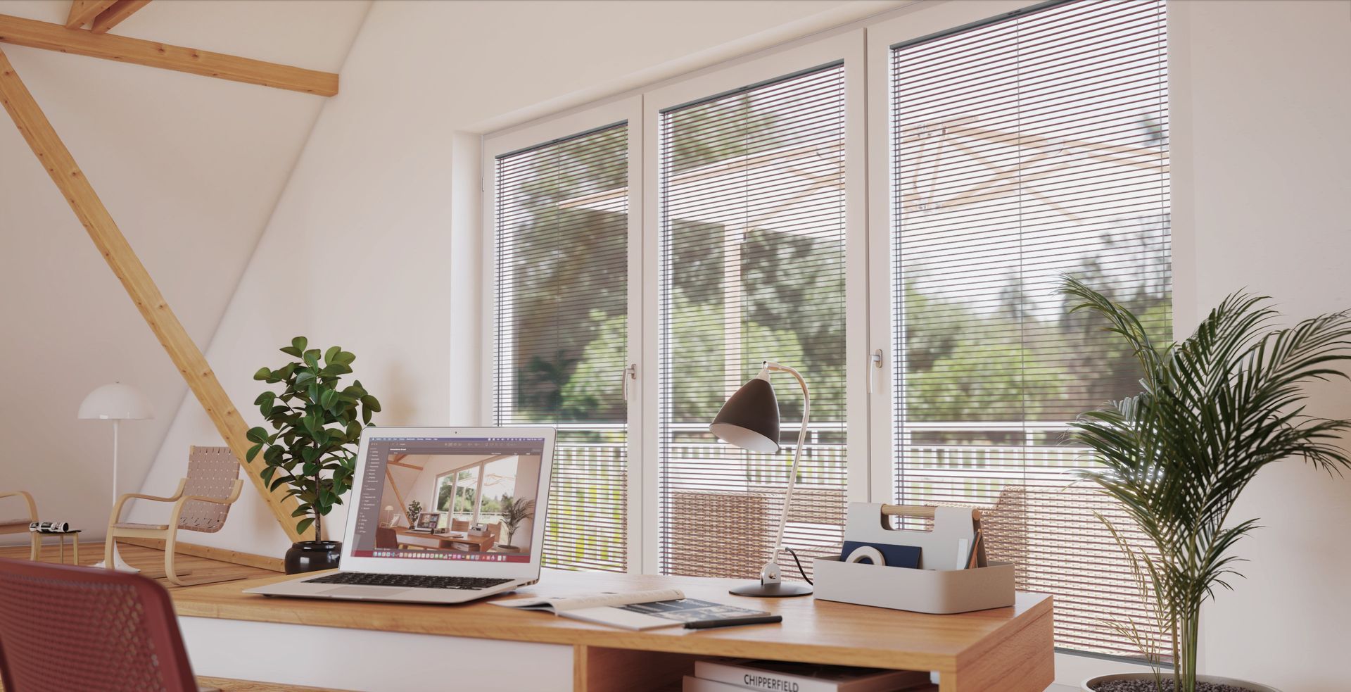 Vorschau eines Sonnenschutz-Konzepts im Arbeitszimmer mit einfacher Jalousie 