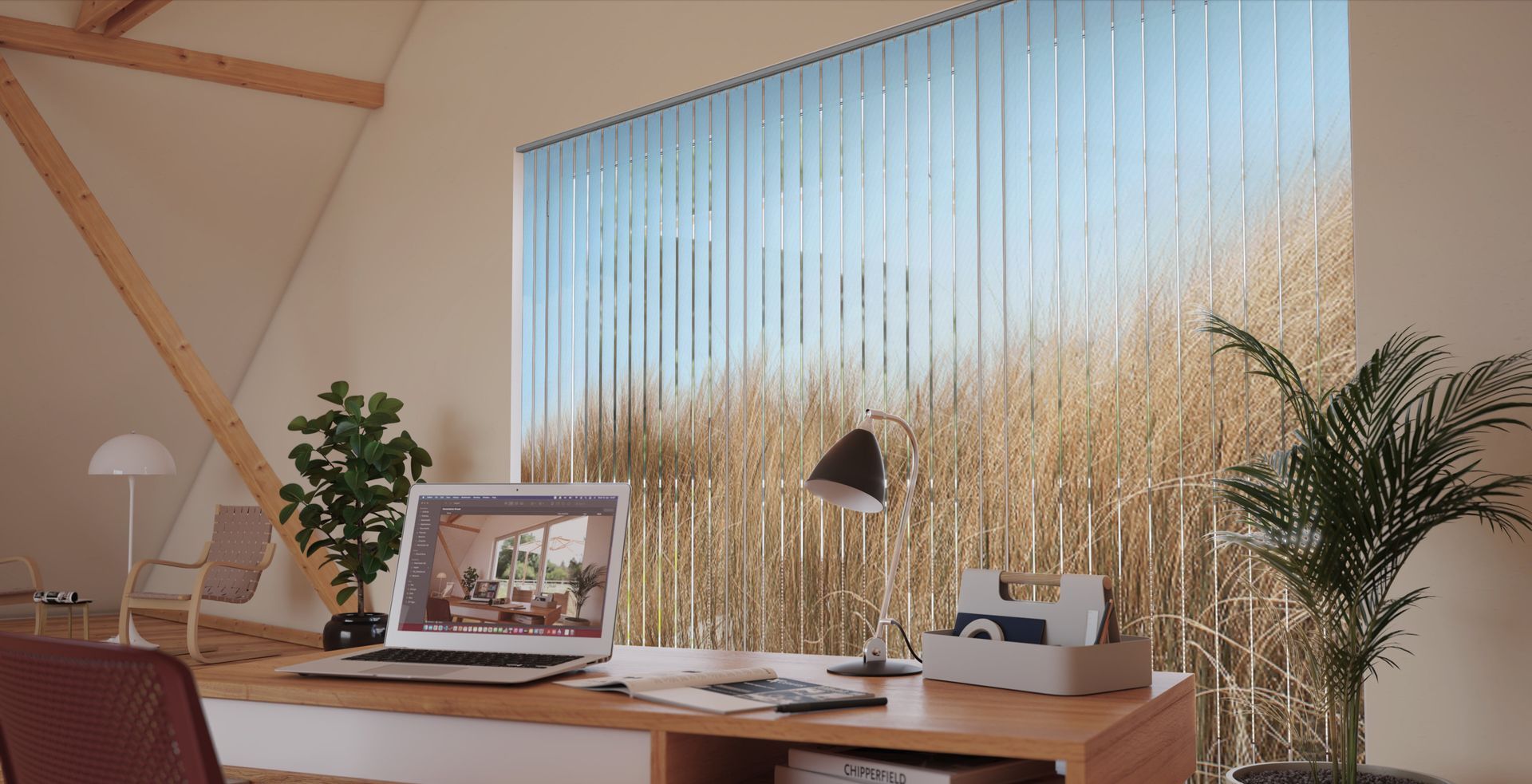 Vorschau eines Sonnenschutz-Konzepts im Arbeitszimmer mit bedruckten Fensterlamellen 