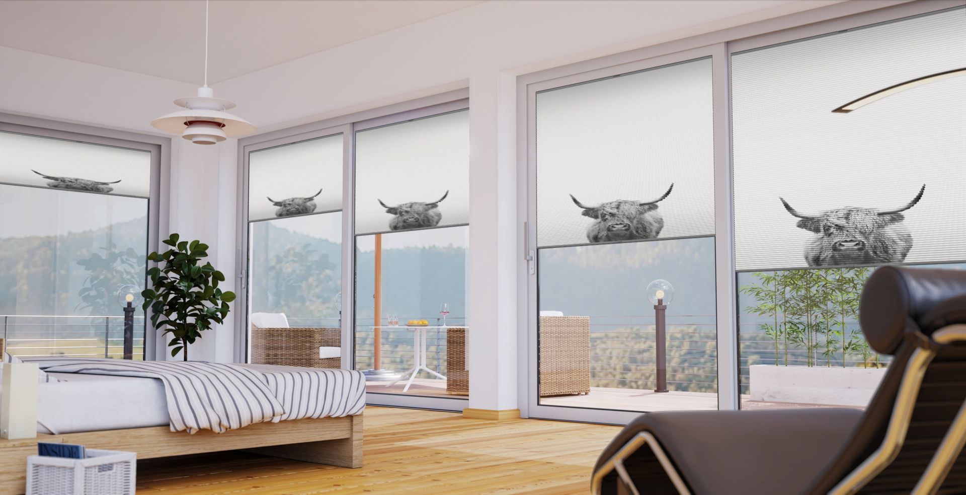 Vorschau eines Sonnenschutz-Konzepts im Wohnraum mit bedrucktem Plissee 