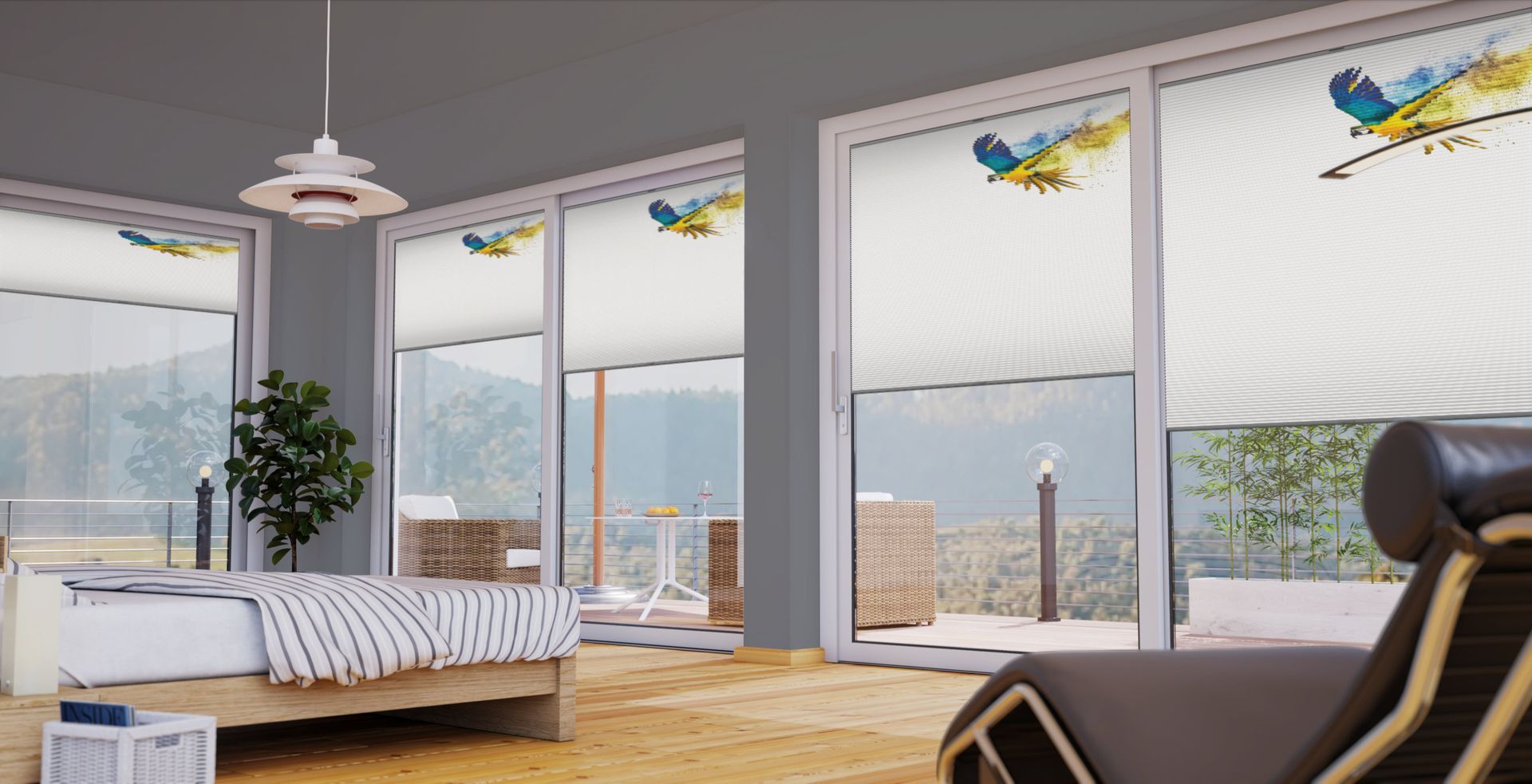 Vorschau eines Sonnenschutz-Konzepts im Wohnraum mit bedrucktem Plissee 