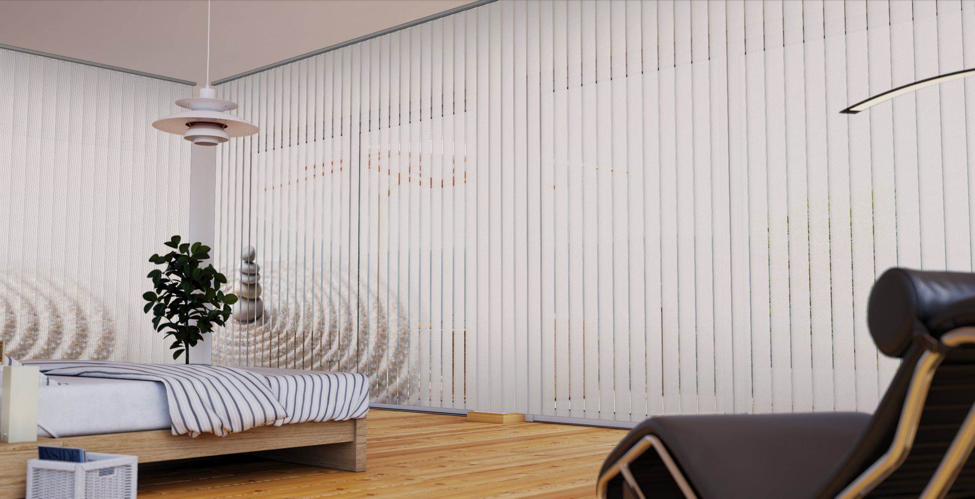 Vorschau eines Sonnenschutz-Konzepts im Wohnraum mit einfachen Fensterlamellen