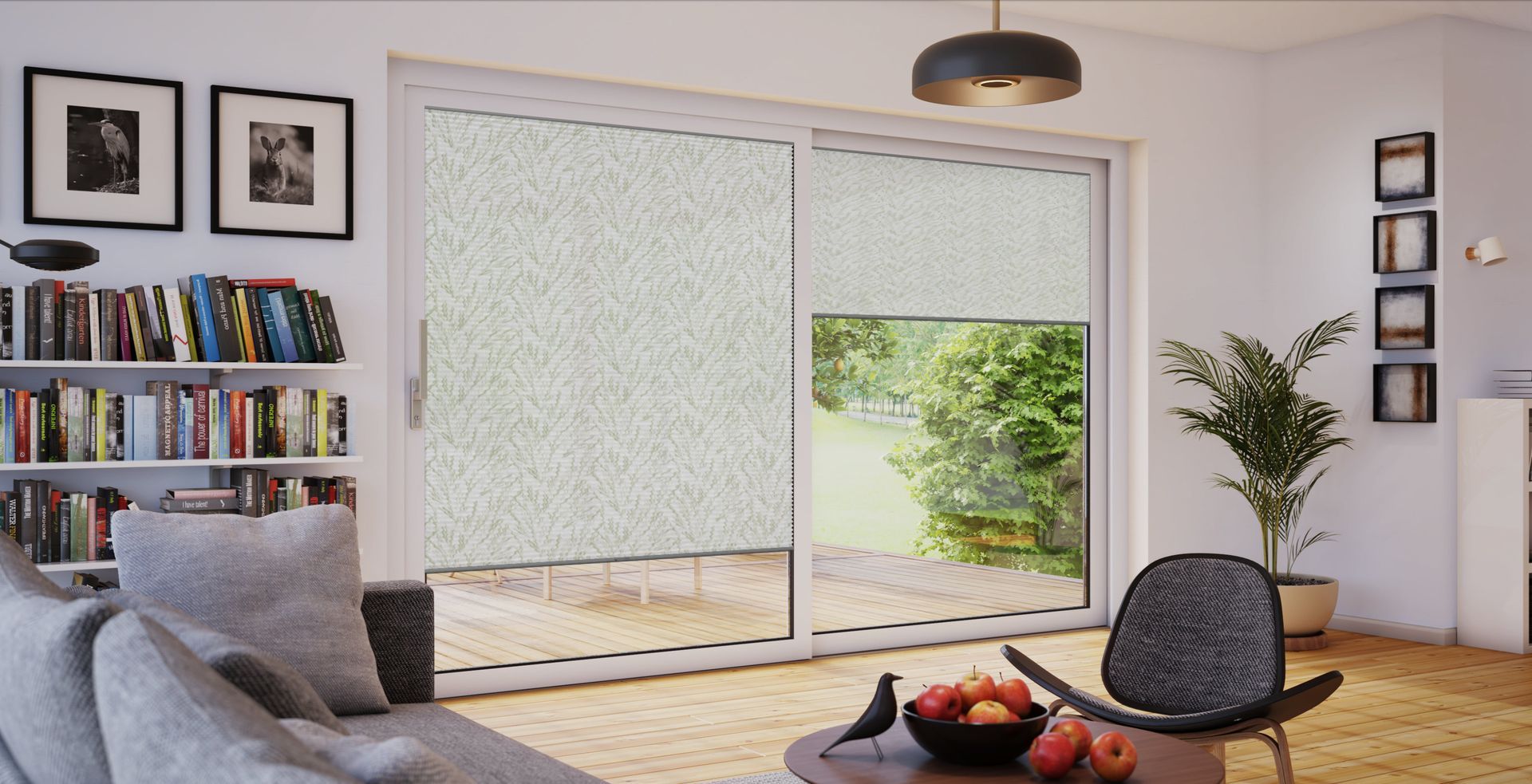 Vorschau eines Sonnenschutz-Konzepts im Schlafraum mit bedrucktem Plissee