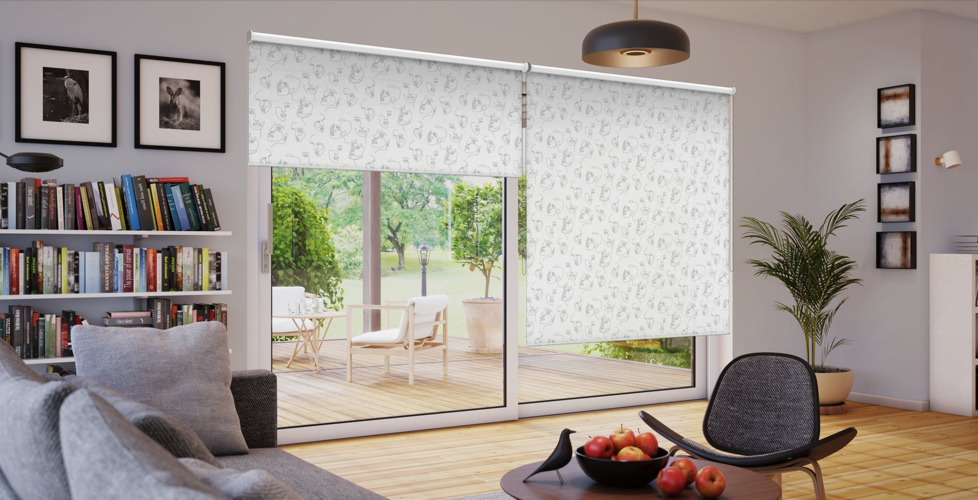 Vorschau eines Sonnenschutz-Konzepts im Schlafraum mit bedrucktem Kassettenrollo