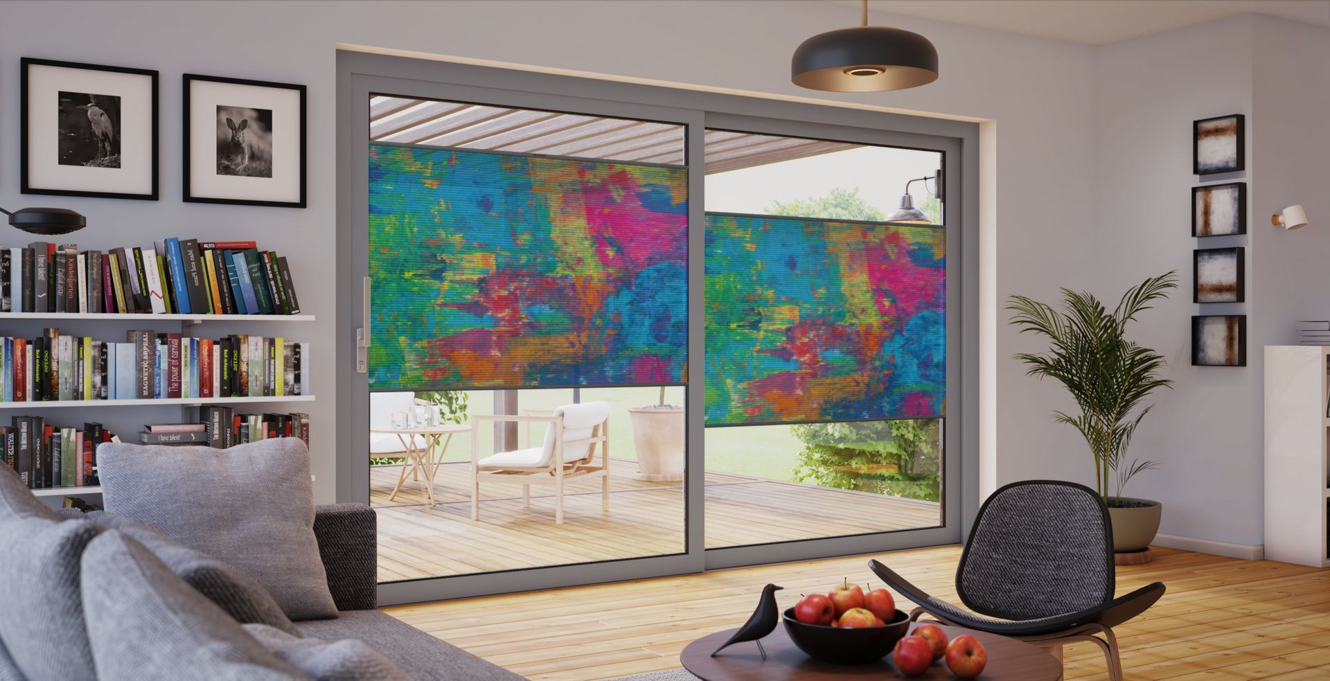 Vorschau eines Sonnenschutz-Konzepts im Schlafraum mit bedrucktem Plissee 