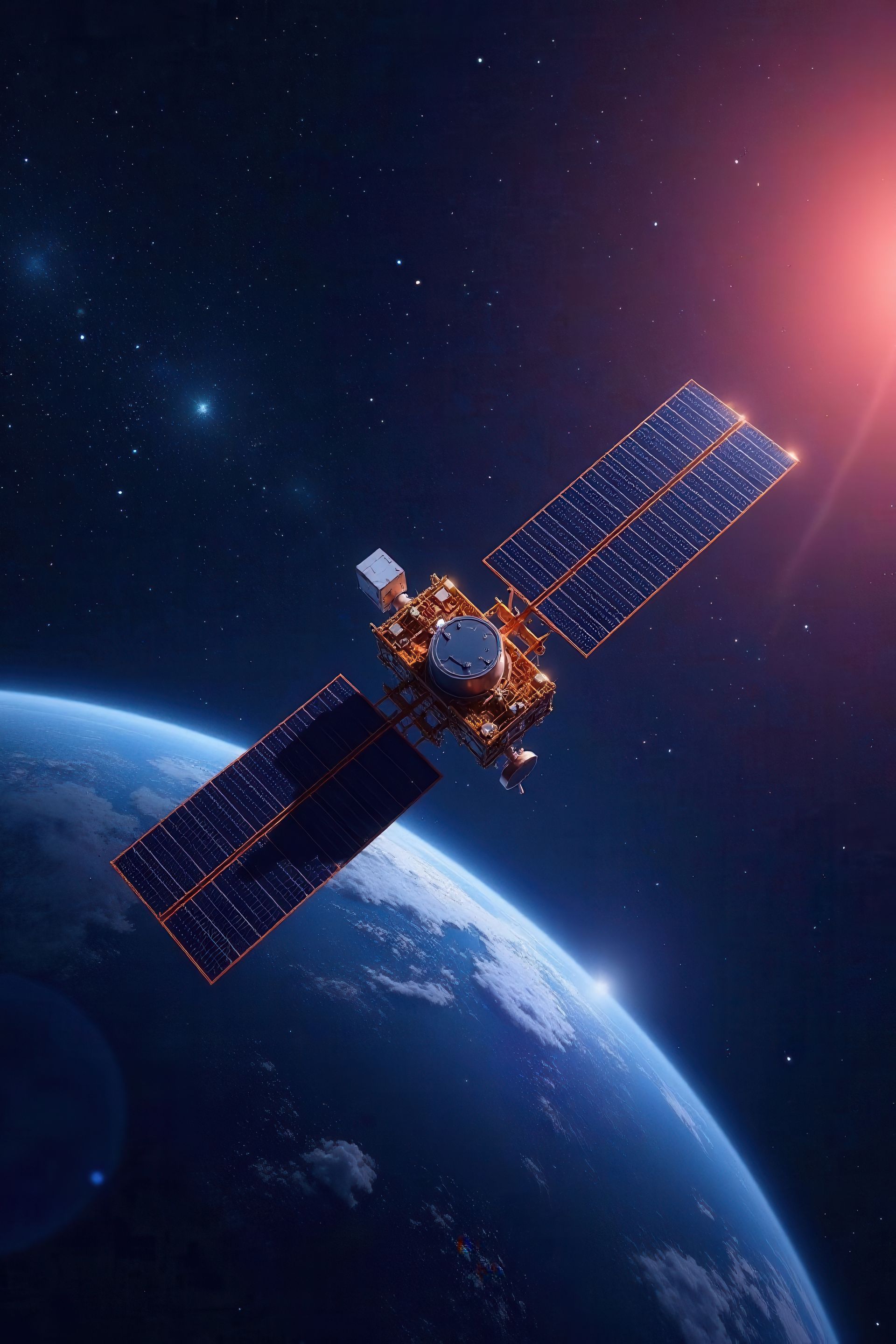 Satellite en orbite autour de la Terre, panneaux solaires déployés. Lumière du soleil éclatante, fond étoilé.