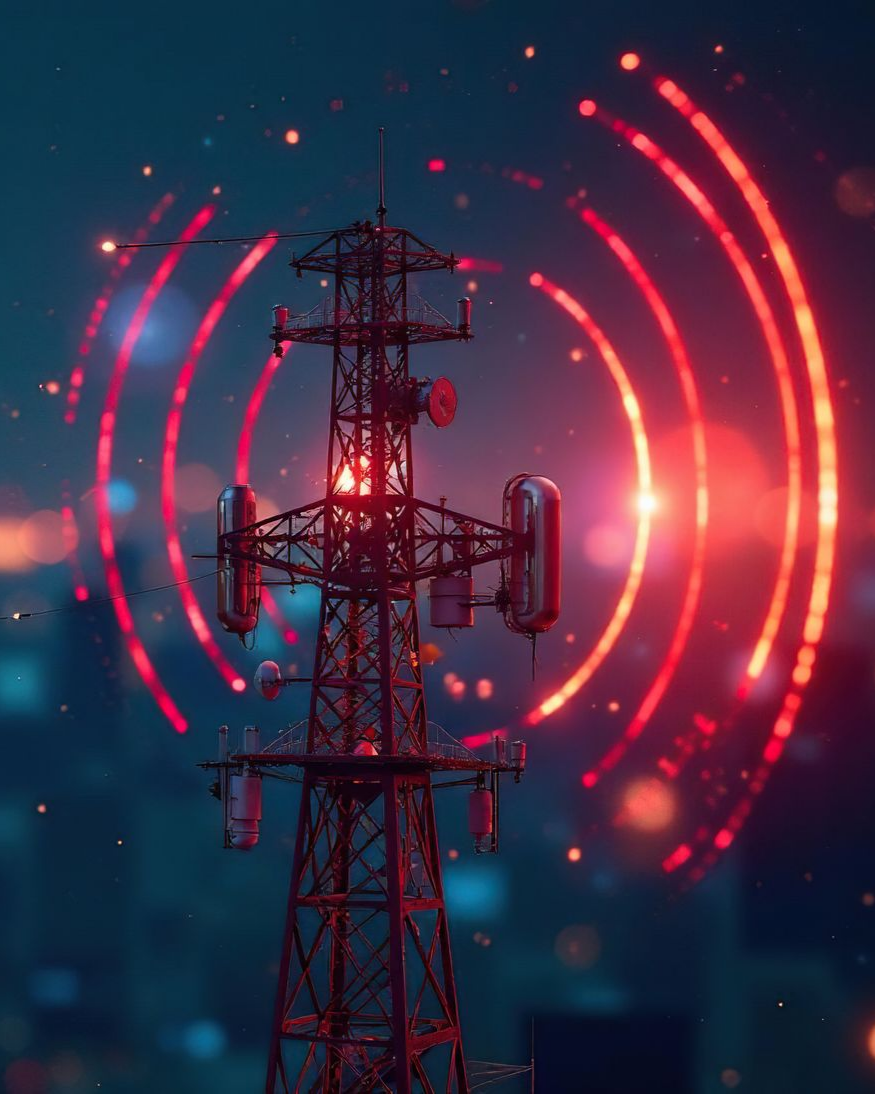 Tour de télécommunication émettant des signaux lumineux rouges dans une ville la nuit.