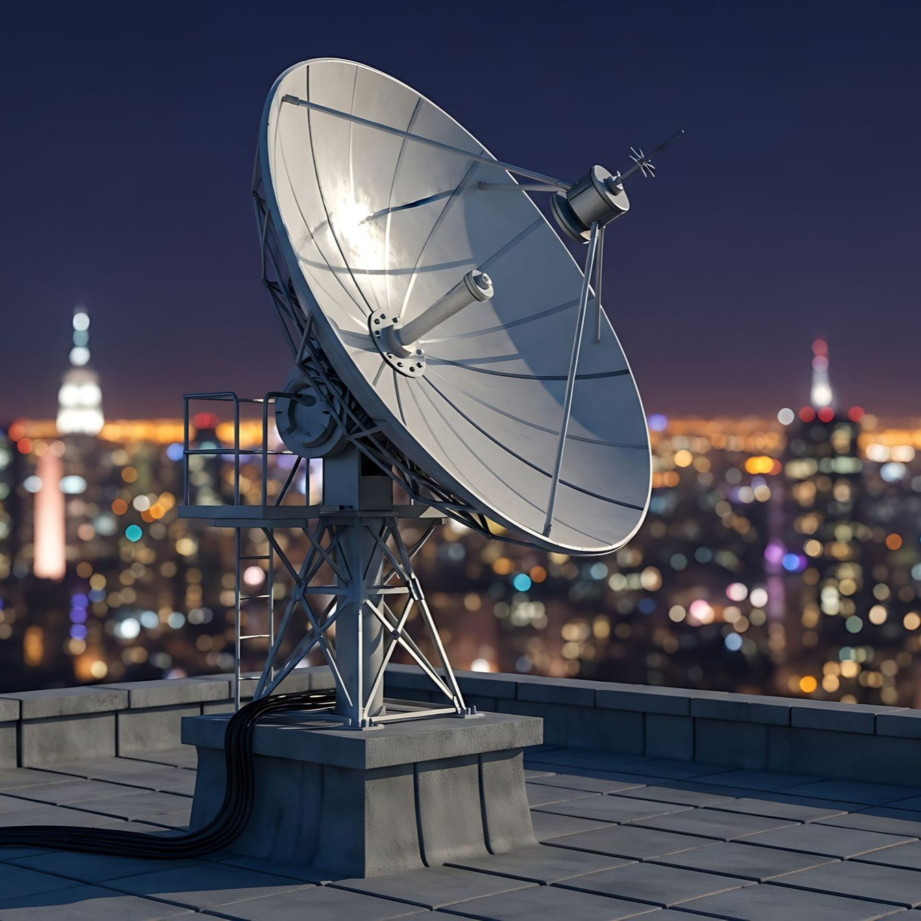 Antenne parabolique sur un toit donnant sur un paysage urbain nocturne.