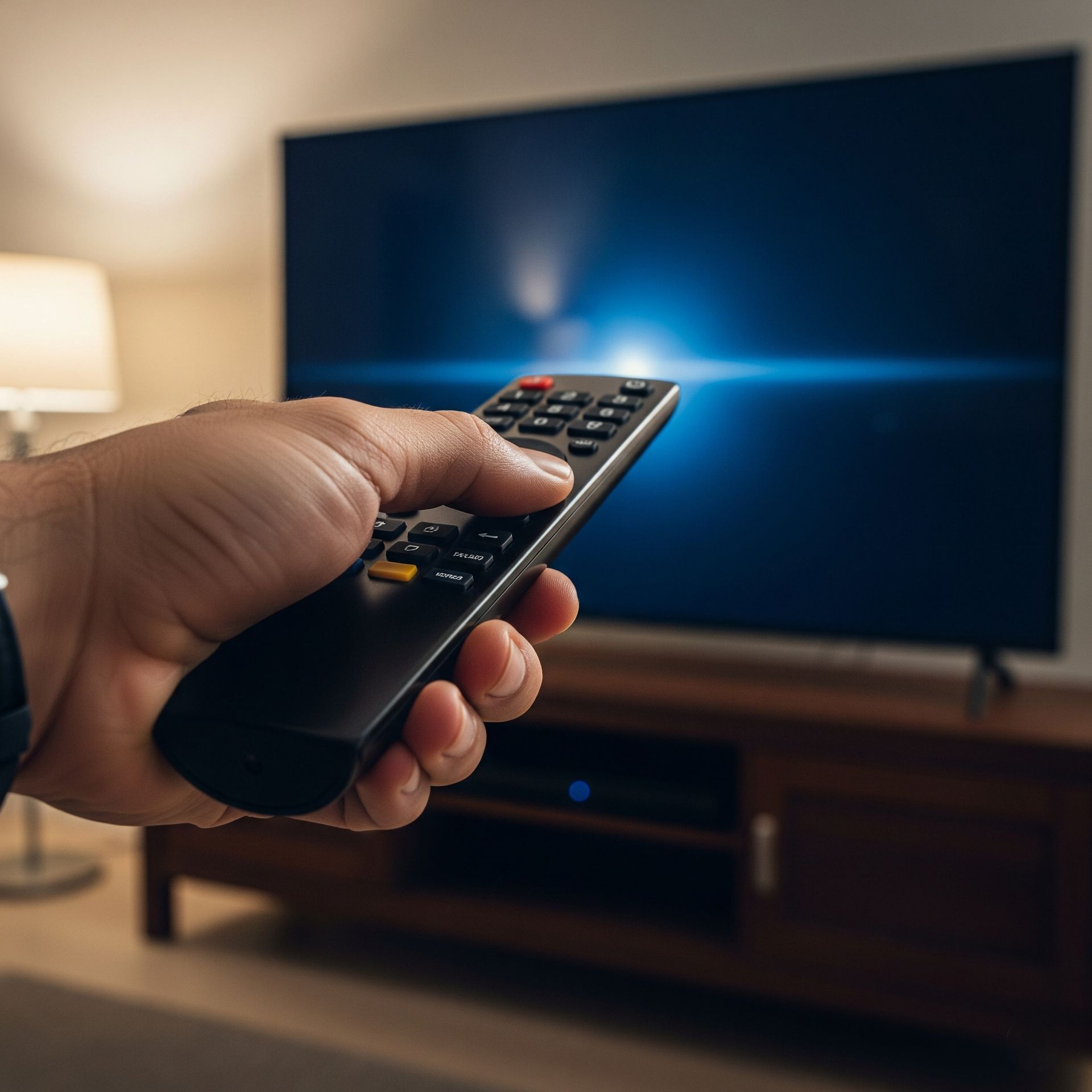 Main tenant une télécommande noire, pointant vers un téléviseur à écran plat allumé sur un support en bois.