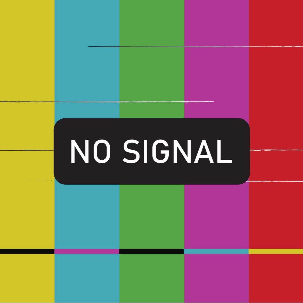 Barres de couleur avec la mention  AUCUN SIGNAL  sur un rectangle noir. Lignes horizontales statiques.