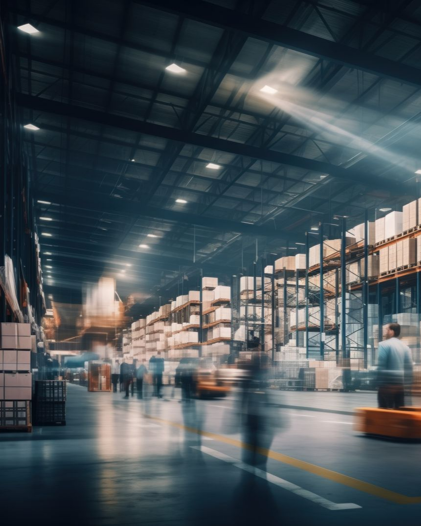 Intérieur d'entrepôt avec des silhouettes floues et des cartons empilés.