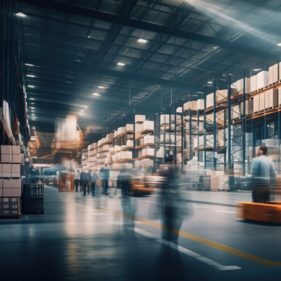 Intérieur d'entrepôt avec des silhouettes floues, des cartons sur des étagères et une forte luminosité zénithale.
