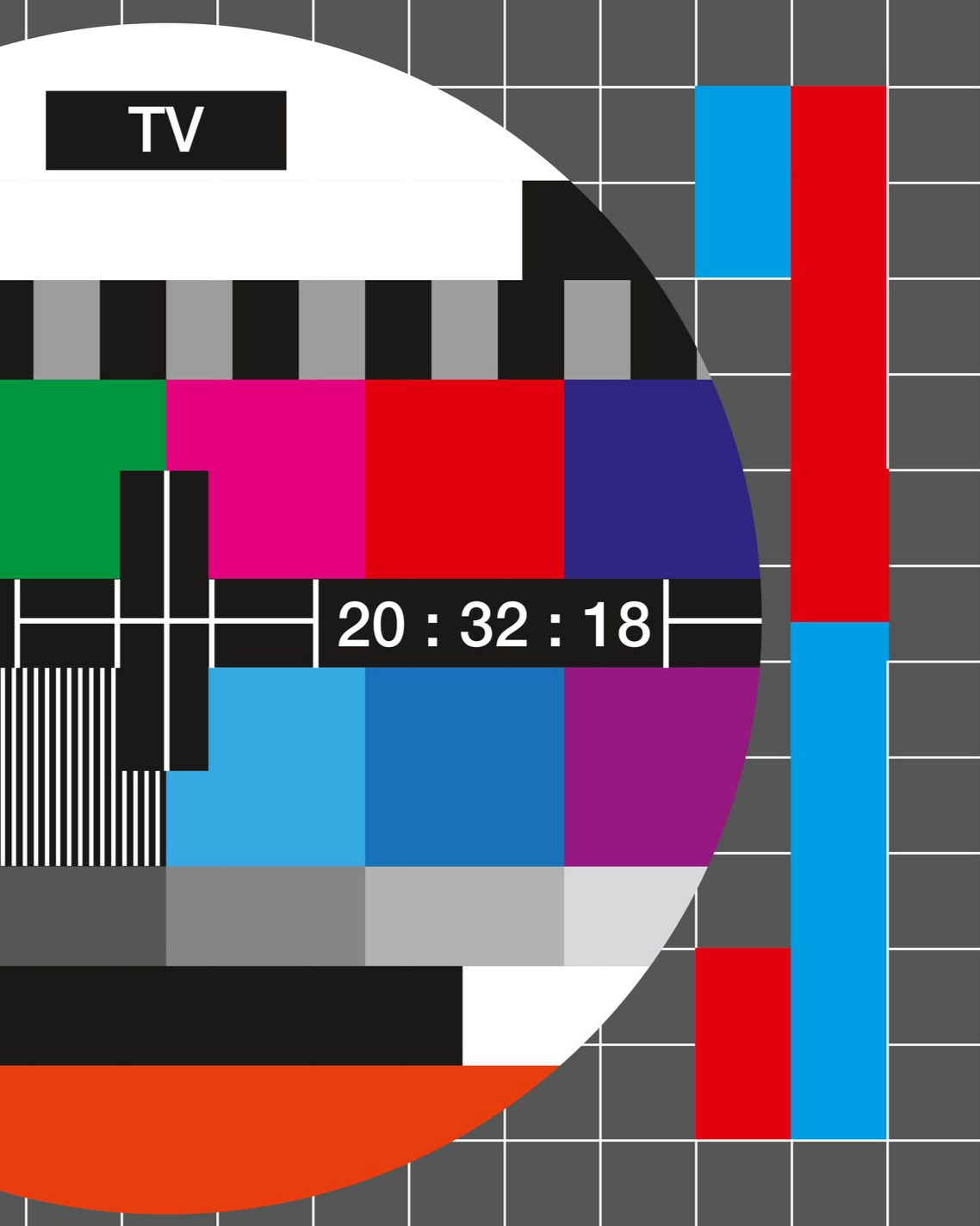 Mire de test TV avec barres de couleur, un cercle central et un affichage de l'heure : 20:32:18.