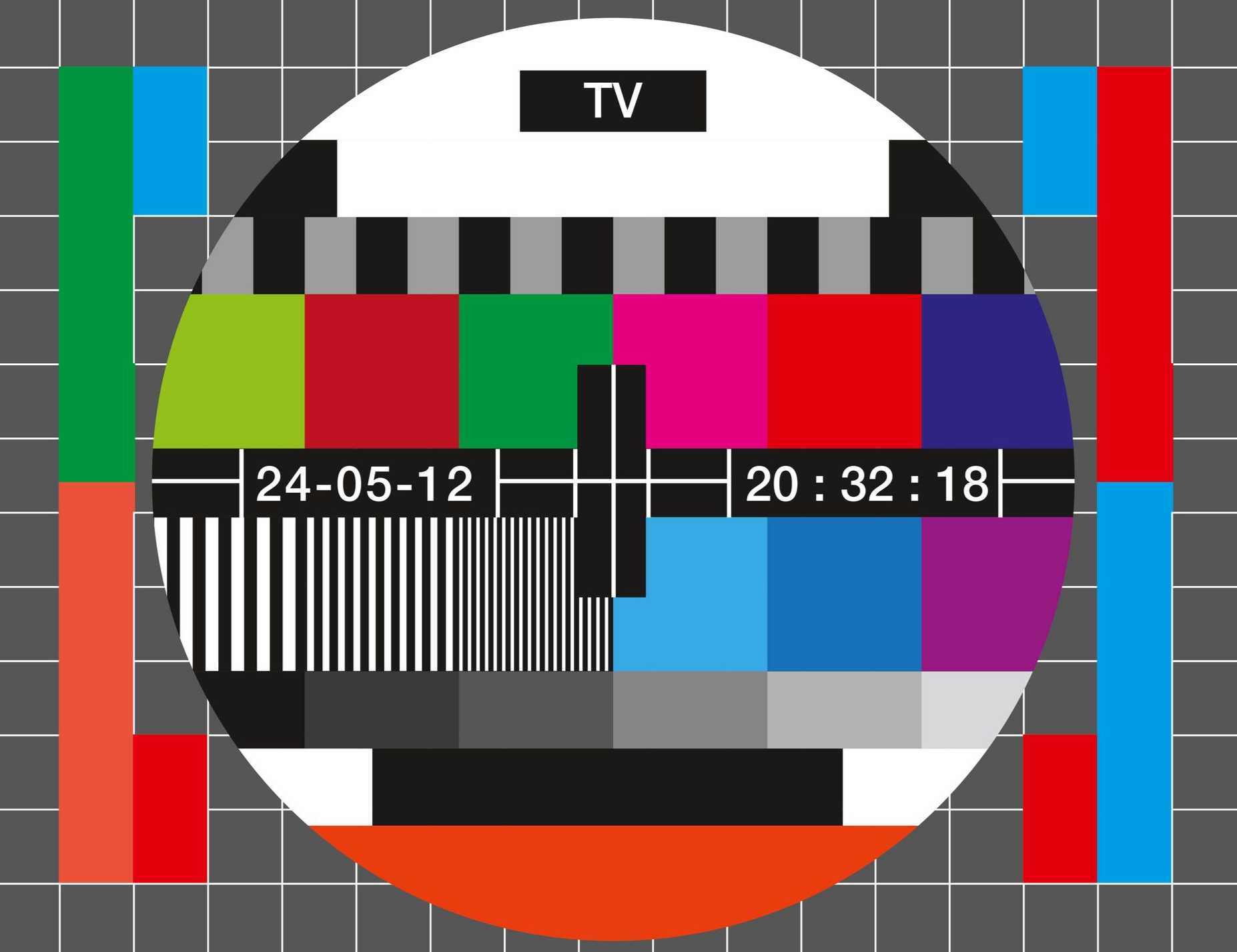 Mire de test TV avec barres de couleur, rayures noires et blanches, et affichage de l'heure et de la date.