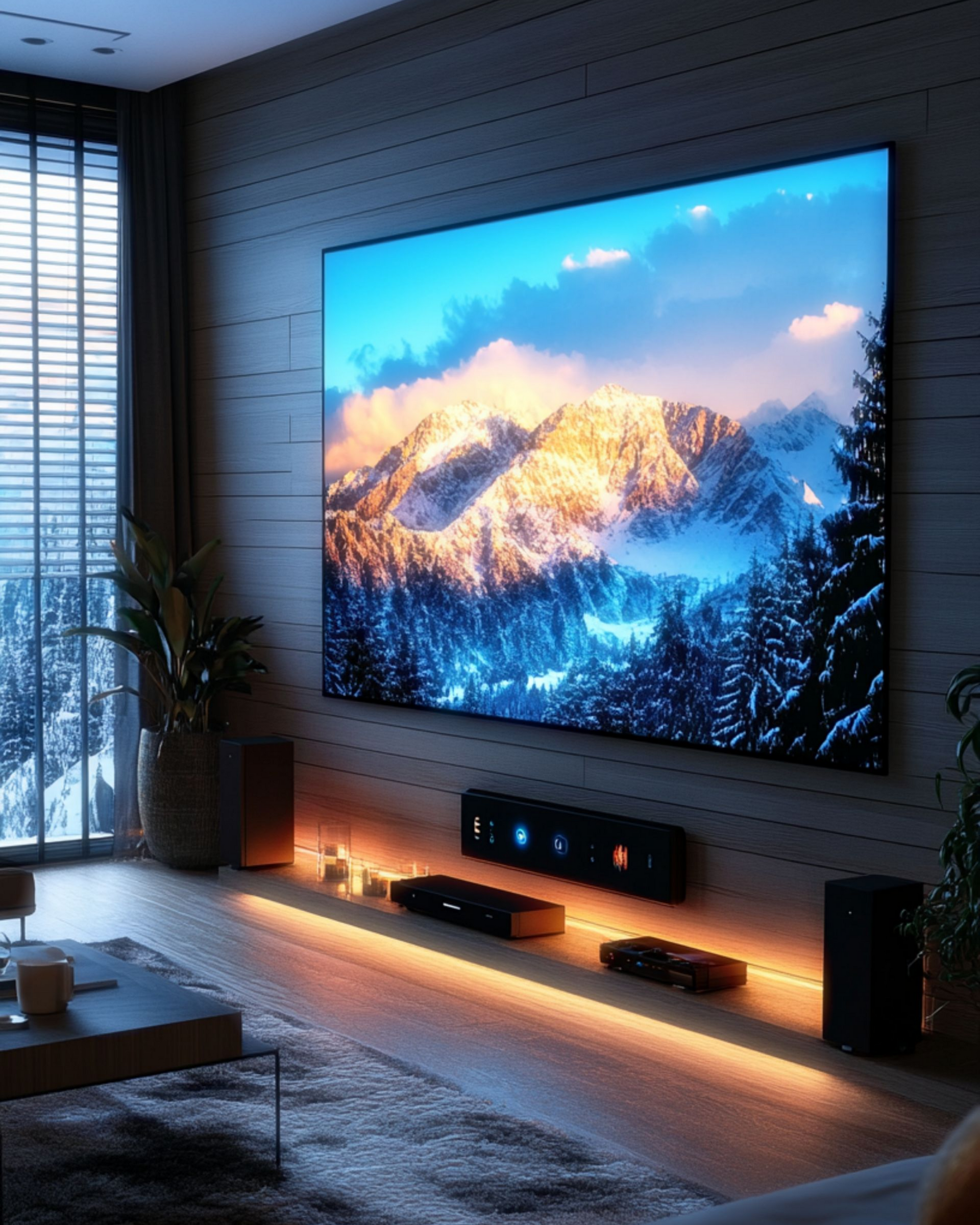 Salon moderne avec une grande télévision diffusant un paysage de montagne.