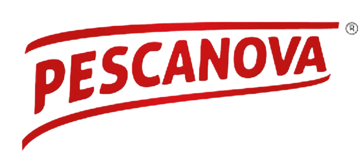 Un logotipo rojo y blanco para Pescanova sobre un fondo blanco.